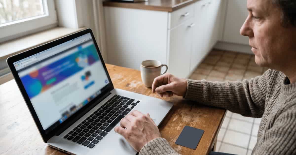 Un homme en pull beige consulte un site internet sur son ordinateur portable dans sa cuisine, une carte de paiement grise posée sur la table en bois à côté d'une tasse de café, éclairé par la lumière naturelle de la fenêtre.
