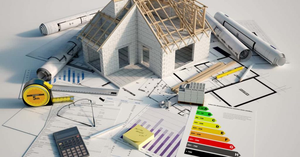 maquettes et plans de travaux pour une maison avec scores PEB