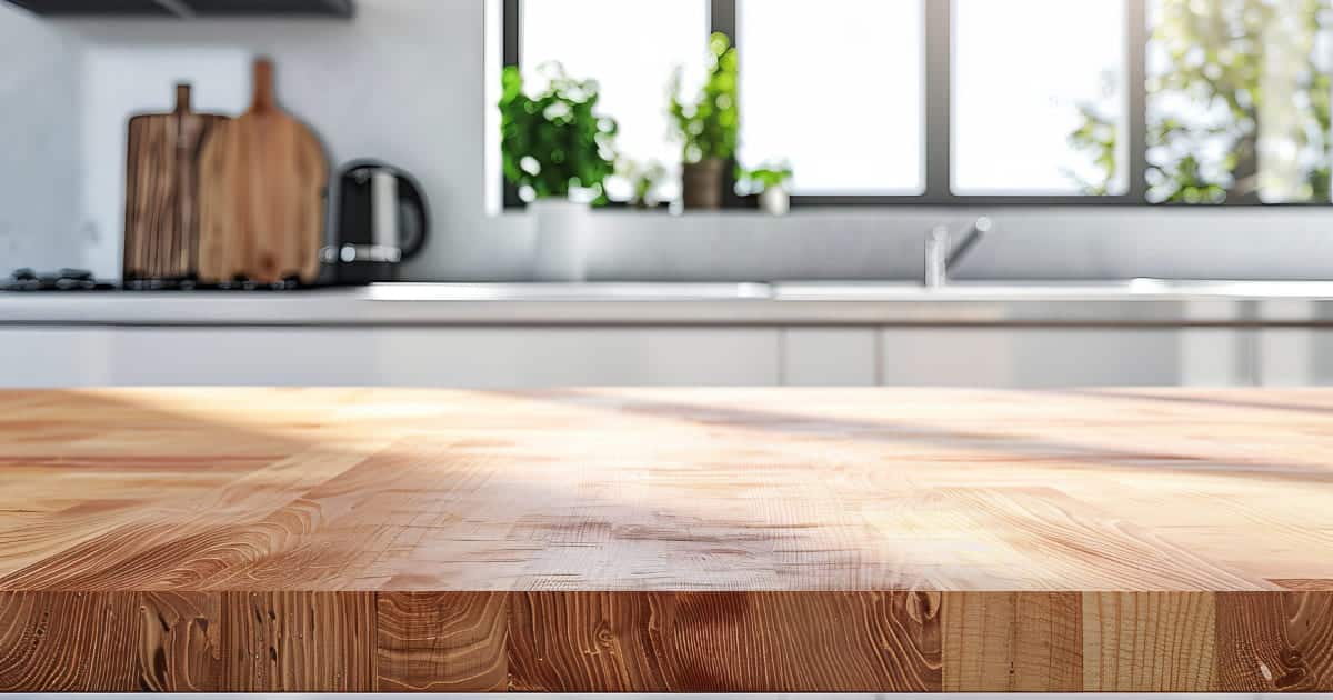 Plan de travail en bois massif dans une cuisine moderne, avec évier en inox, planches à découper et plantes vertes près de la fenêtre en arrière-plan.