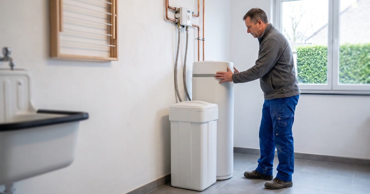 Plombier installant un adoucisseur d'eau de couleur blanche dans la buanderie d'une maison.
