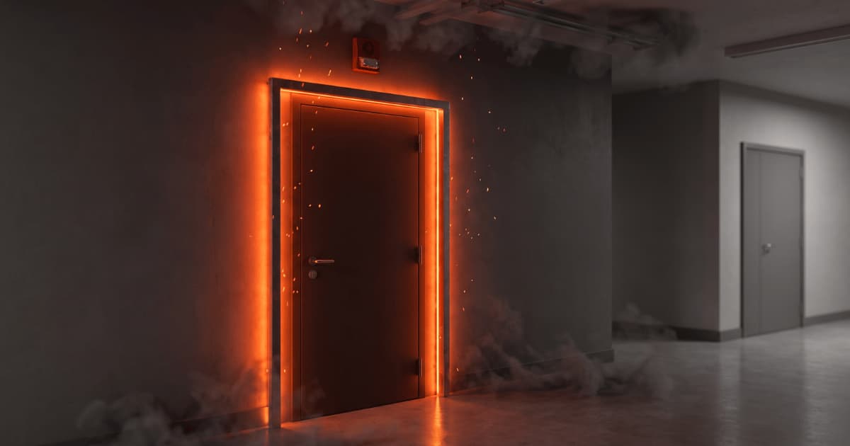 Une porte coupe feu fermée au panneau brun foncé se découpe dans un couloir en béton gris tandis que son cadre entier irradie d'une lumière orange vive sous l'effet de la chaleur intense de l'autre côté et que des étincelles volent autour du dormant accompagnées de fumée grise rampant au sol et au plafond avec un petit boîtier d'alarme incendie rouge fixé au mur juste au dessus de la porte et une seconde porte grise visible plus loin dans le couloir.