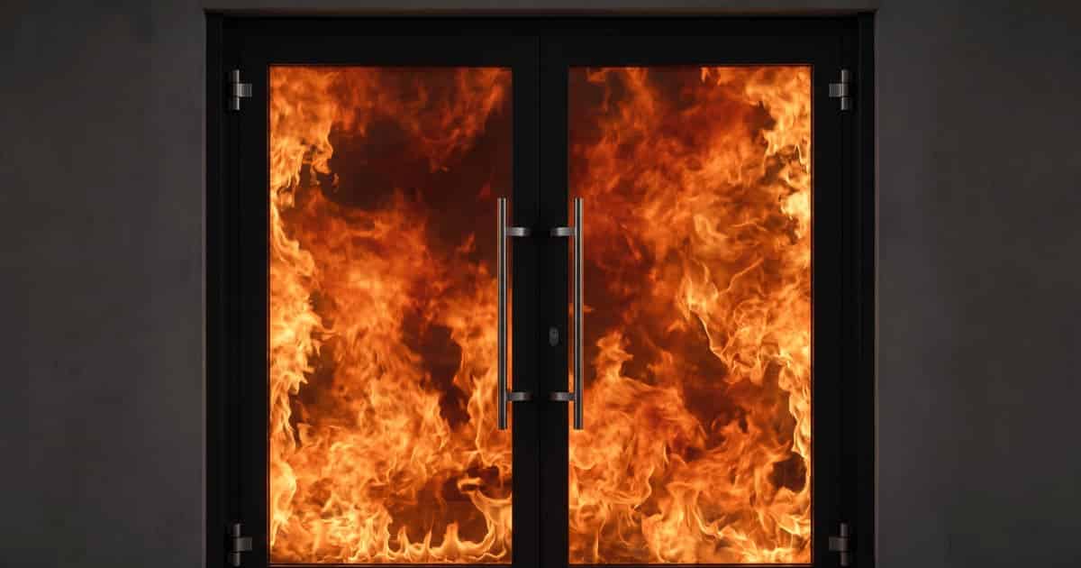 Une porte coupe feu vitrée à double vantail avec un cadre en métal noir et des poignées verticales en acier inoxydable retient un mur de flammes intenses orange et rouge visibles à travers le vitrage résistant au feu sur toute la surface des deux panneaux contre un mur gris foncé.