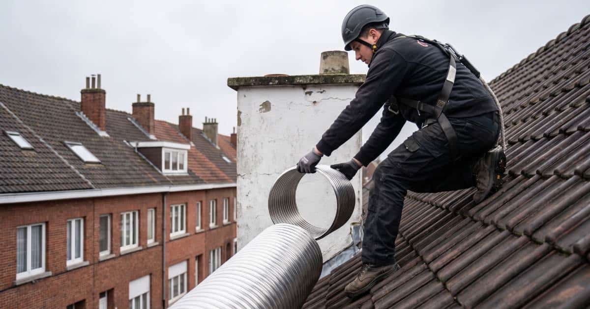 Professionnel préparant le tubage d'une cheminée sur un toit d'une maison.