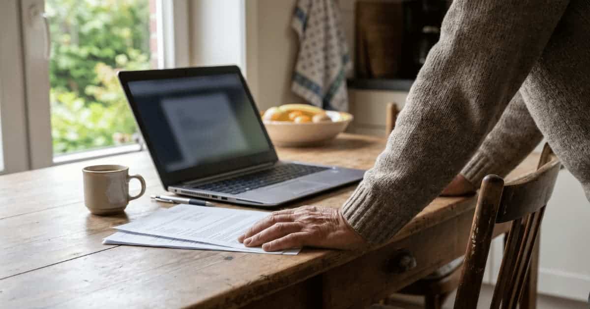 Un propriétaire debout à une table en bois dans sa cuisine consulte un devis imprimé pour l'installation d'une borne de recharge, avec un ordinateur portable ouvert et une tasse de café à côté des documents.
