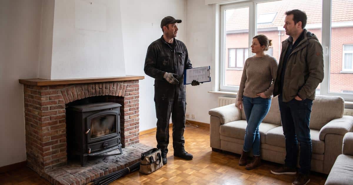 Un ramoneur qui discute avec des clients dans une maison en Belgique.