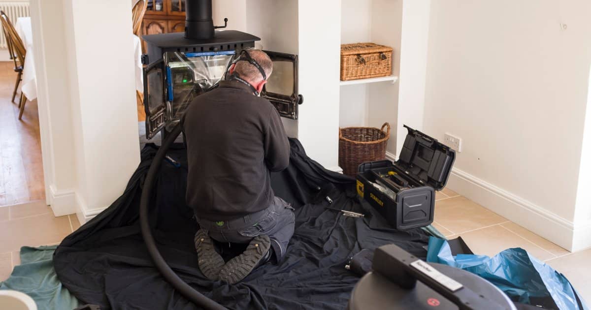 Ramoneur chez des clients occupé à ramoner une cheminée.
