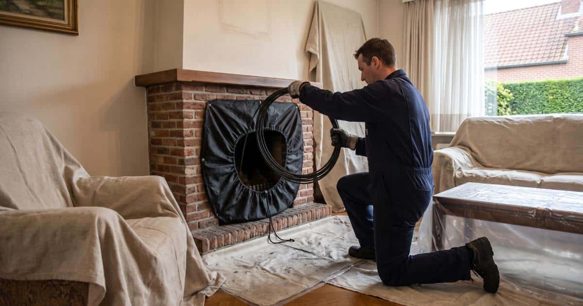 Ramoneur qui installe son matériel dans une maison avant de procéder au ramonage d'une cheminée.
