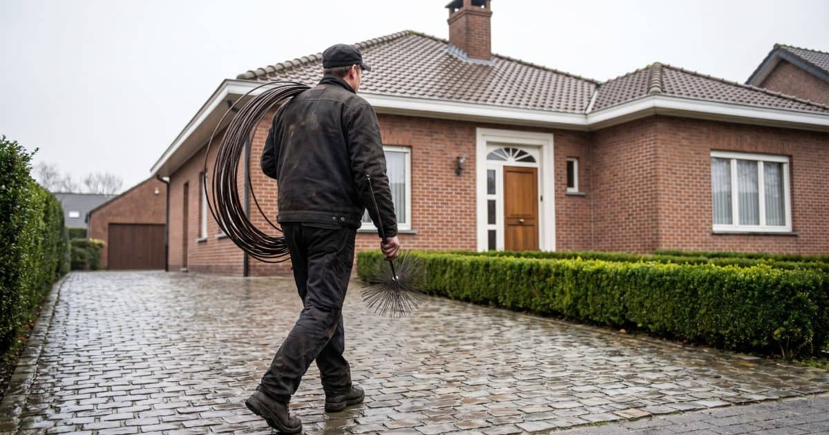 Ramoneur qui se rend chez des clients pour s'occuper de leur cheminée.