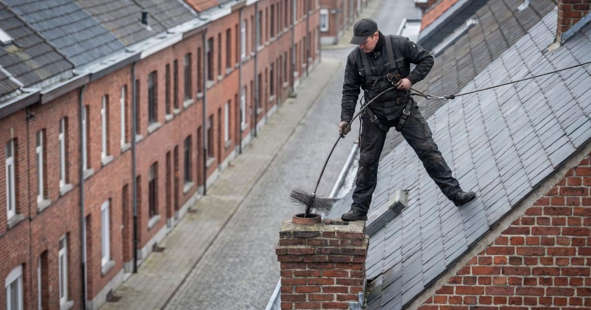 Ramoneur occupé à ramoner une cheminée dans une commune belge.