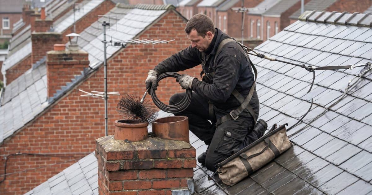 Un ramoneur sur le toit d'une habitation en Belgique.