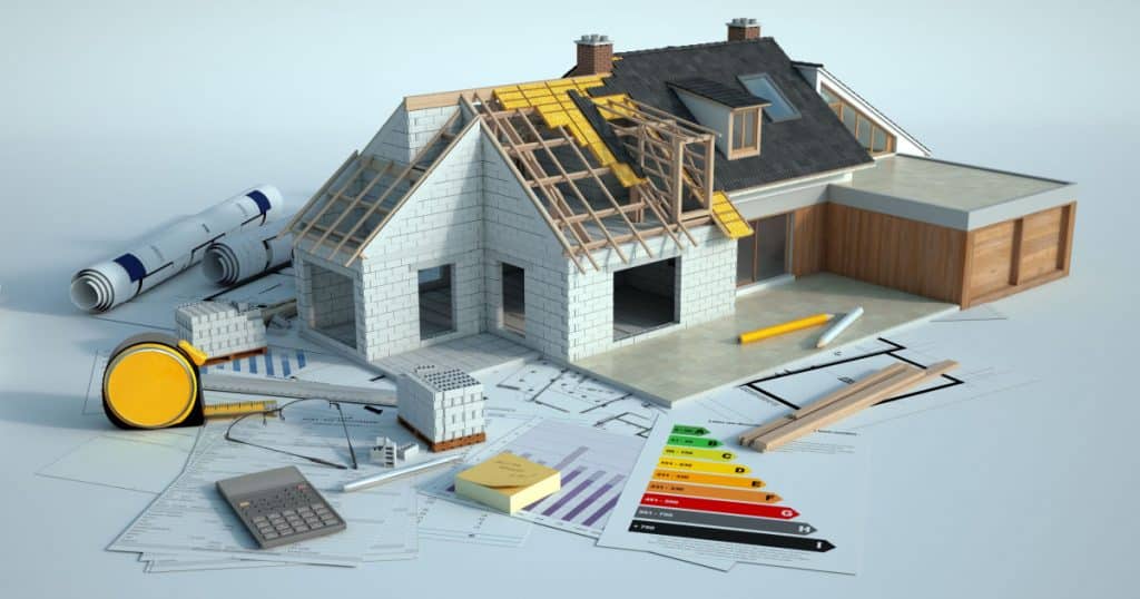 Maquette 3D d'une maison en train d'être rénovée en vue d'améliorer le PEB du bien grâce à une isolation du toit notamment