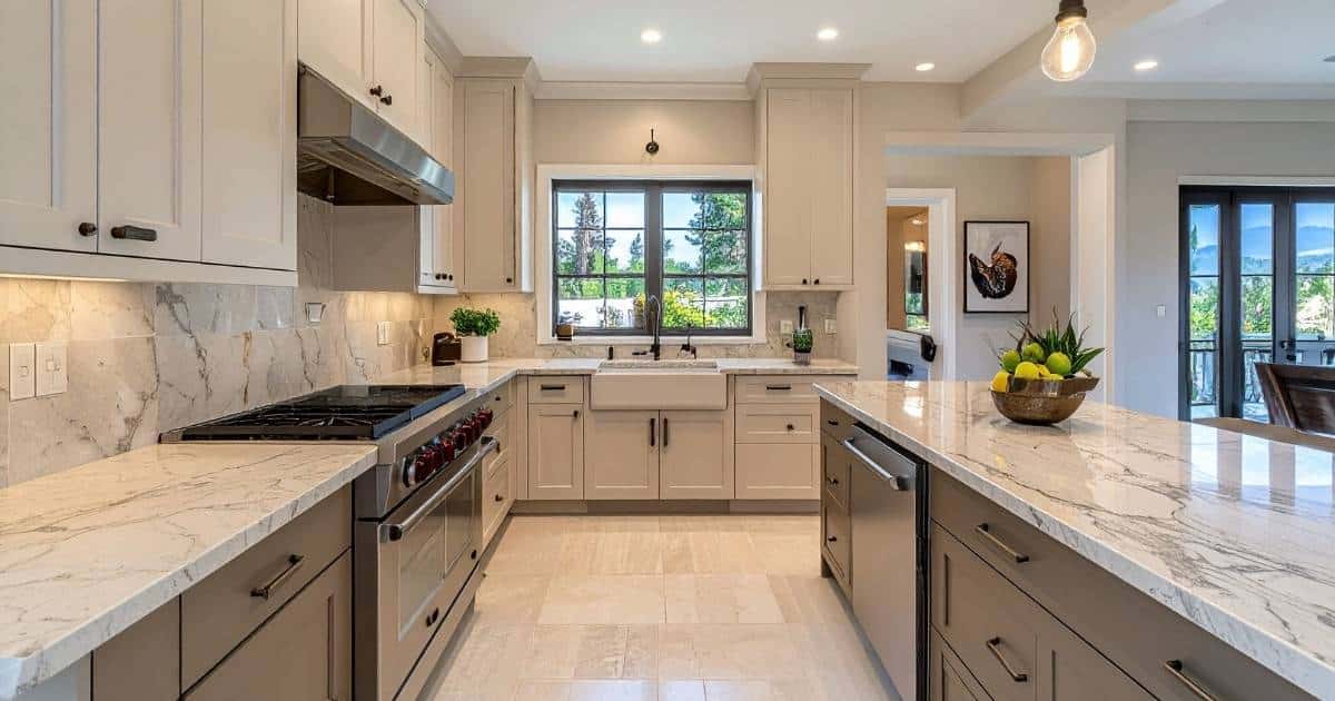 Cuisine moderne avec sol en carrelage clair