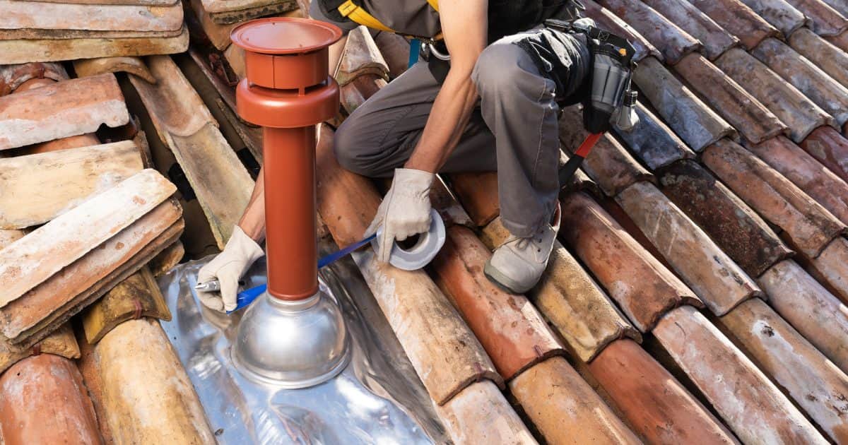 Professionnel sur un toit résidentiel en tuiles d'argile, muni d'un harnais de sécurité lors de l'installation d'un conduit de chaudière coaxial et de l'application d'un ruban d'étanchéité imperméable autour de la cheminée. Concept d'amélioration domiciliaire.