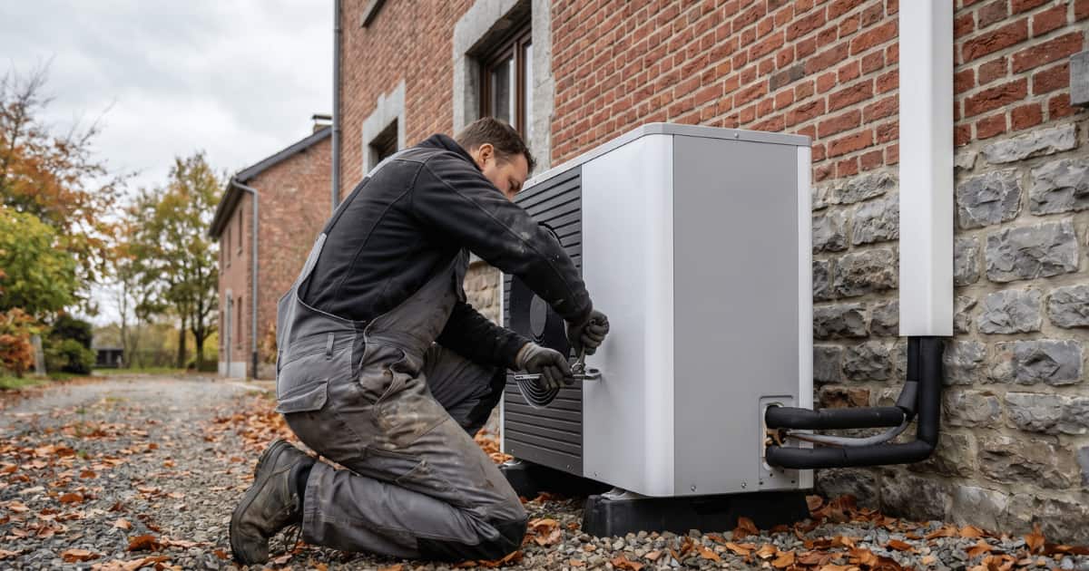 Un technicien en tenue de travail installe une pompe à chaleur extérieure contre la façade en brique et pierre d'une maison wallonne entourée de feuilles d'automne.