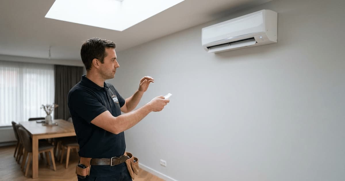 Un technicien en polo sombre et ceinture à outils pointe une télécommande vers une unité intérieure de climatisation blanche fixée en hauteur sur un mur gris clair, dans un séjour moderne éclairé par un puits de lumière avec une table à manger en bois visible en arrière-plan.
