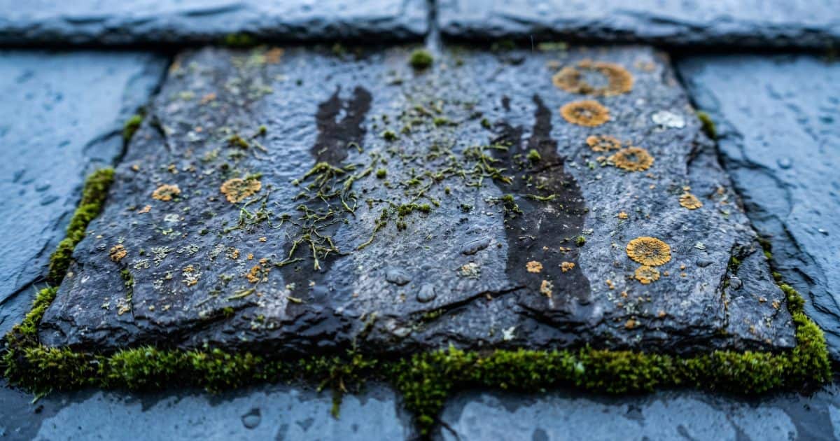 Gros plan d'une toiture en ardoise pleine de mousse.