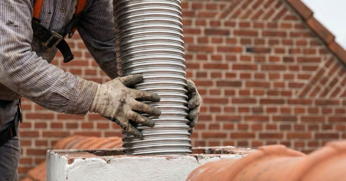 Ramoneur tubant la cheminée d'une habitation belge.