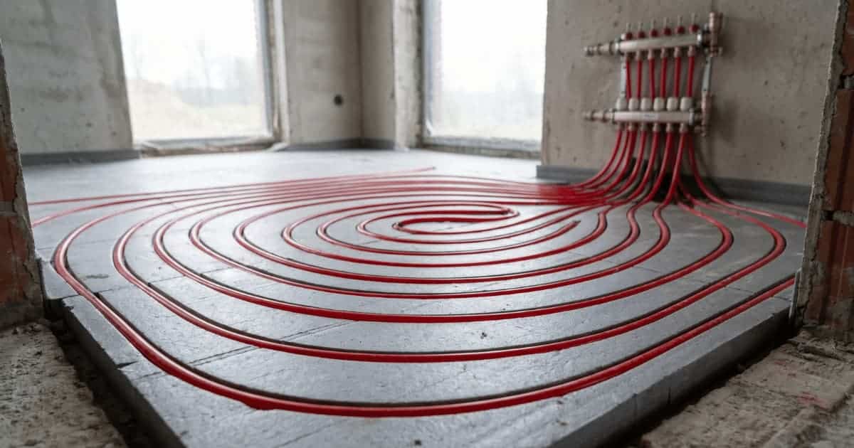 Tuyaux rouges de chauffage au sol posés en spirale sur des panneaux isolants gris dans une pièce en construction, raccordés à un collecteur métallique fixé au mur.