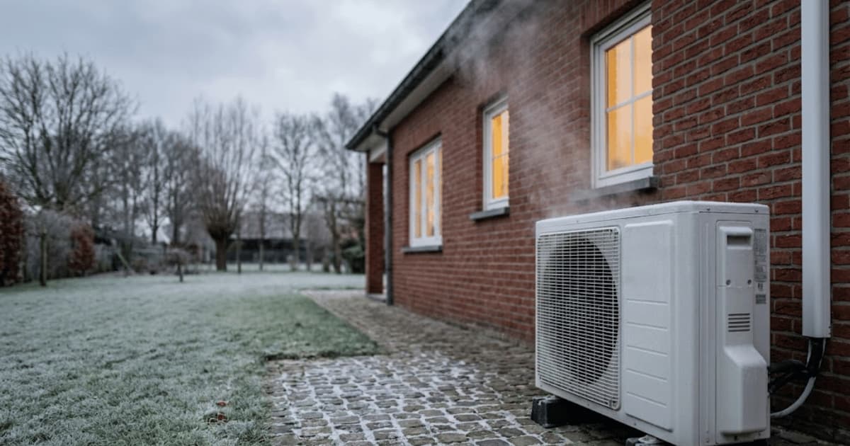 Une unité extérieure de climatisation blanche en fonctionnement dégage de la vapeur de condensation par un matin d'hiver glacial, installée contre une façade en brique rouge d'une maison avec des fenêtres éclairées chaleureusement, une pelouse givrée et des pavés recouverts de gel au premier plan sous un ciel gris couvert.