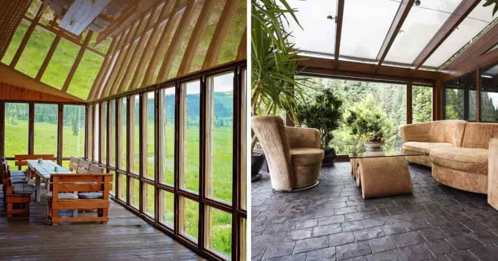 2 exemples de véranda en bois à toit plat dans la nature