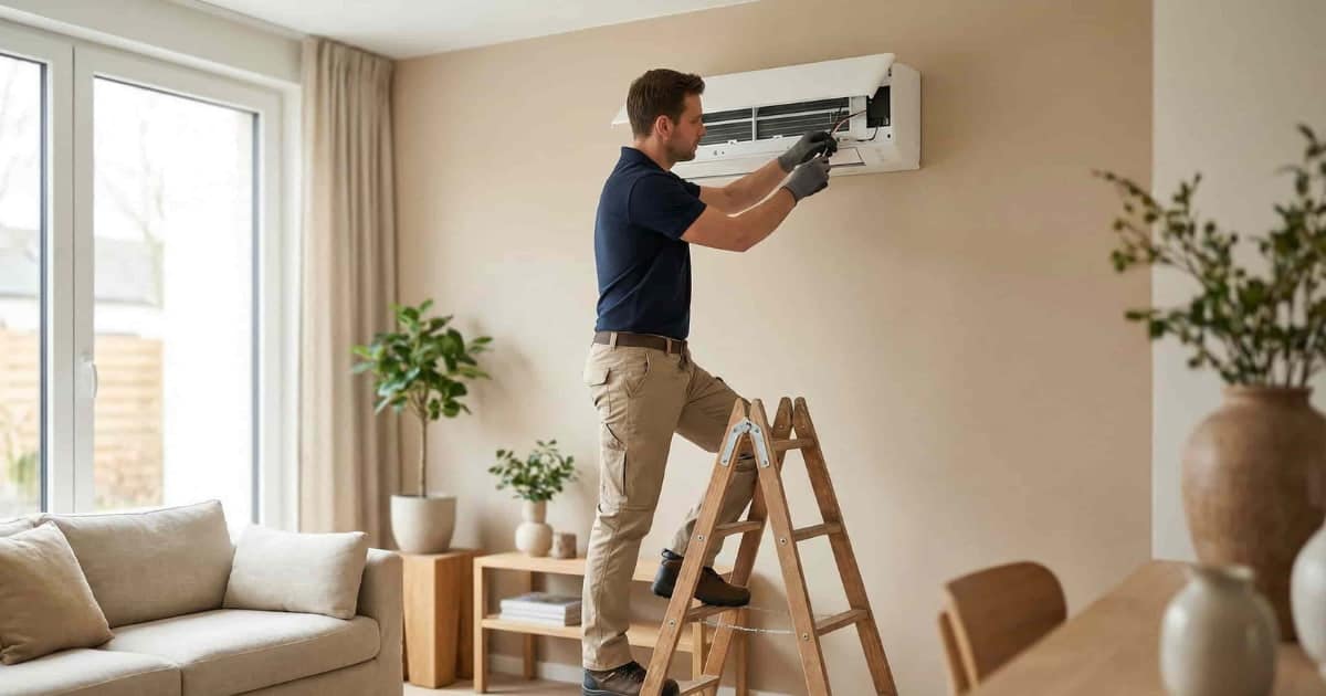 Professionele airco technicus in donkerblauw poloshirt en beige werkbroek staat op een houten trapladder en monteert een witte split-airco binnenunit aan een warme beige muur in een ruime Belgische woonkamer met lichtbeige bank, houten bijzettafel, groene kamerplanten en grote ramen met natuurlijk daglicht.