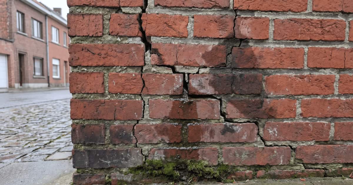 Diepe scheur door een rode bakstenen gevel met afbrokkelend voegwerk en donkere vochtplekken aan de onderzijde, op een regenachtige dag in een Vlaamse straat met kasseien.