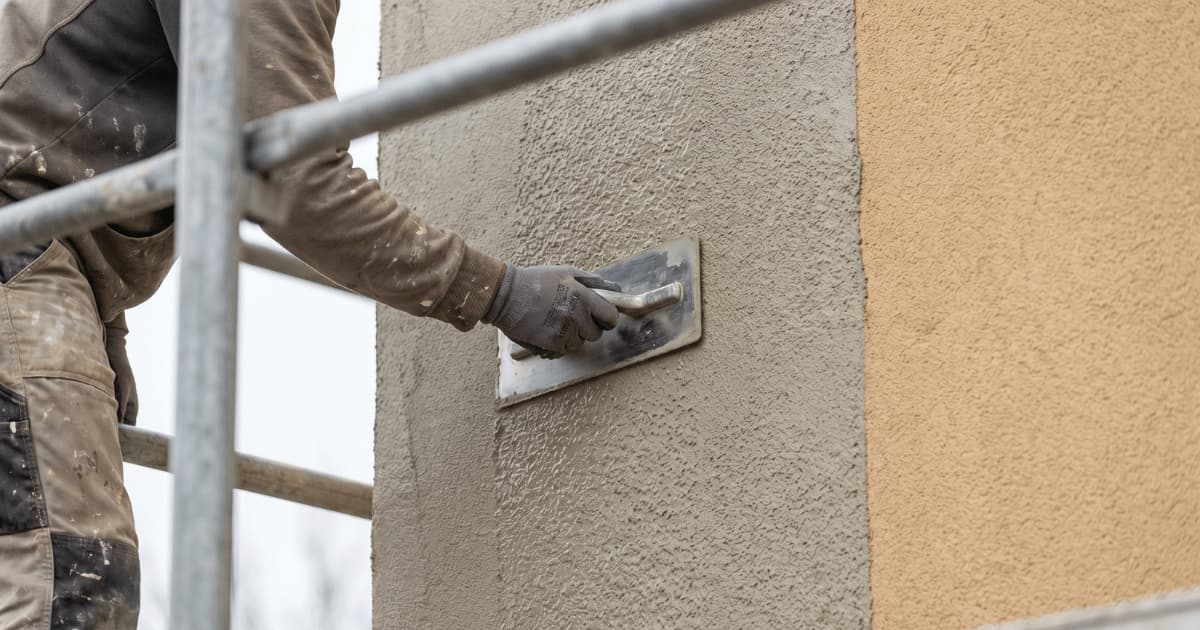 Vanop een stelling wordt een grijze sierpleister met een stalen pleisterspaan aangebracht op de hoek van een buitenmuur naast een reeds afgewerkt okerkleurig geveldeel.