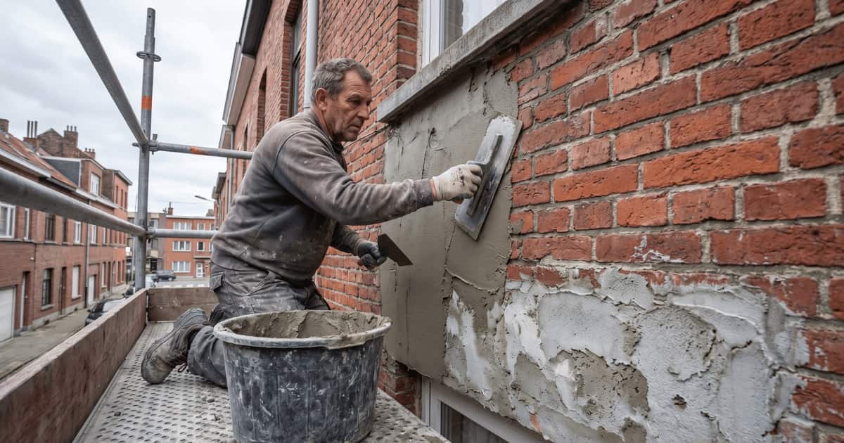 Een gevelwerker knielt op een stelling en brengt cementpleister aan op een rode bakstenen gevel met een pleisterspaan terwijl een mortelemmer naast hem staat in een Belgische woonstraat.