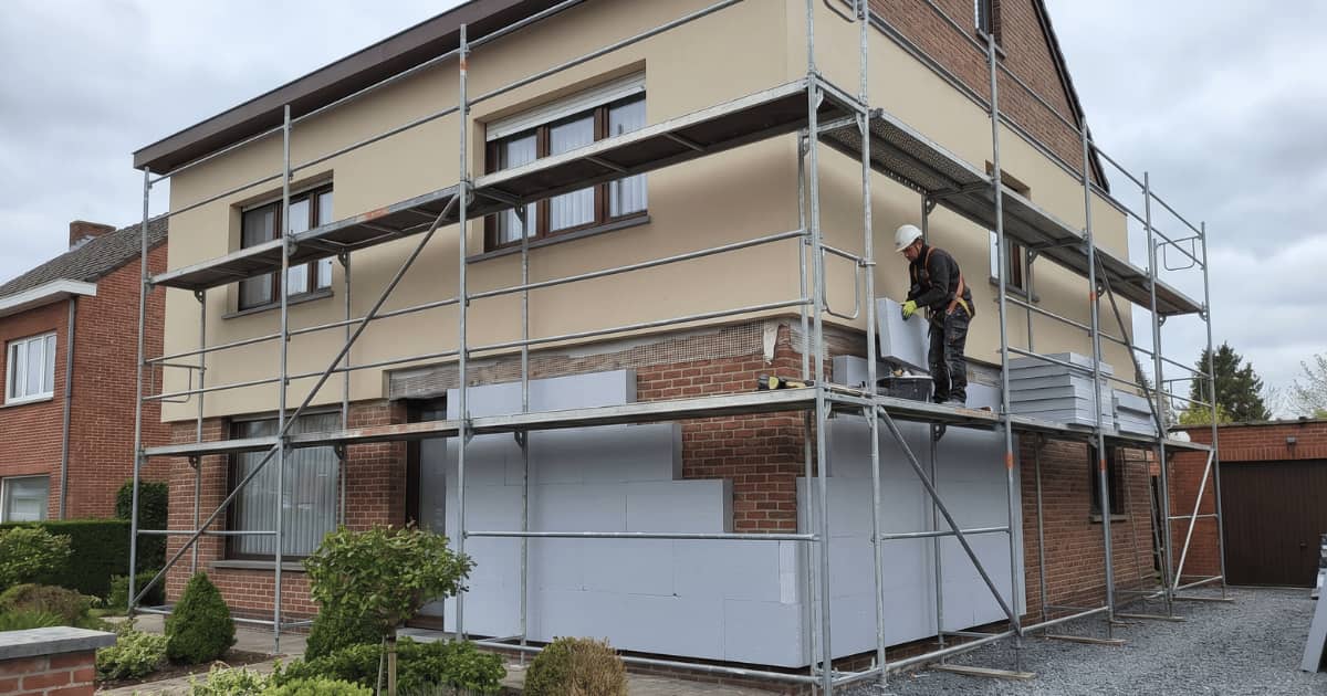 Vakman op een stelling bevestigt witte isolatieplaten tegen de bakstenen gevel van een Belgische woning waarvan de bovenverdieping al is afgewerkt met beige crepi.