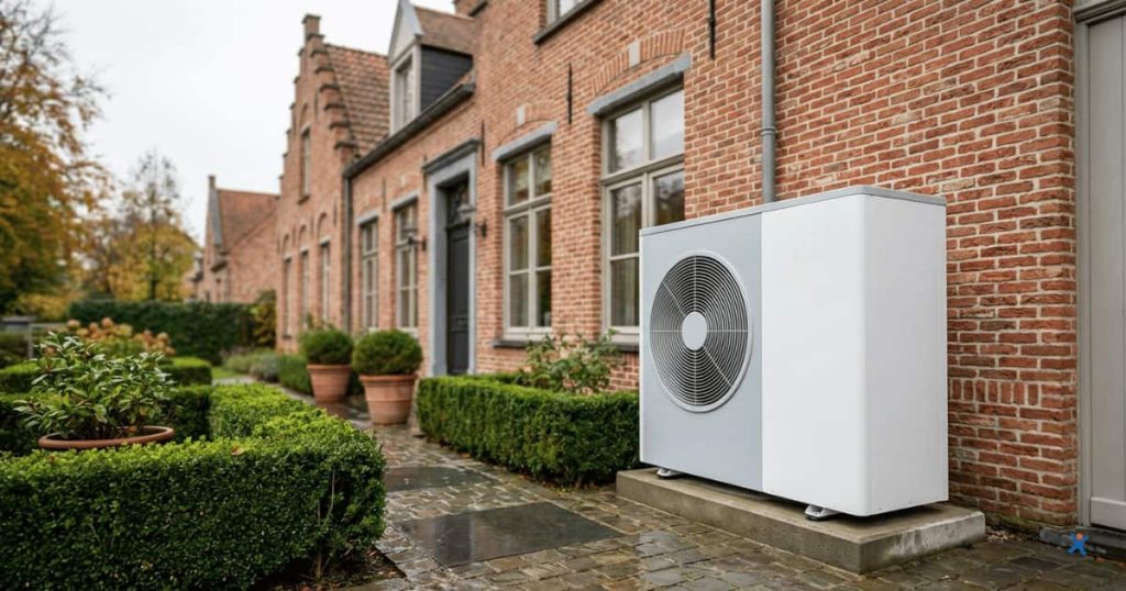 Buitenunit van een warmtepomp geplaatst naast een bakstenen woning in een tuin.