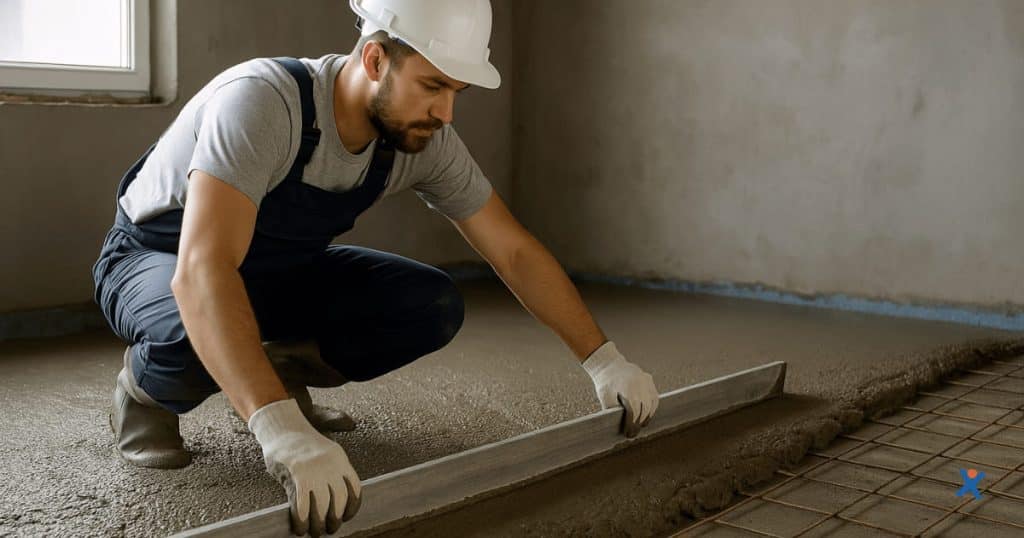 Een werker giet verse chape over metalen wapening op een vloer.