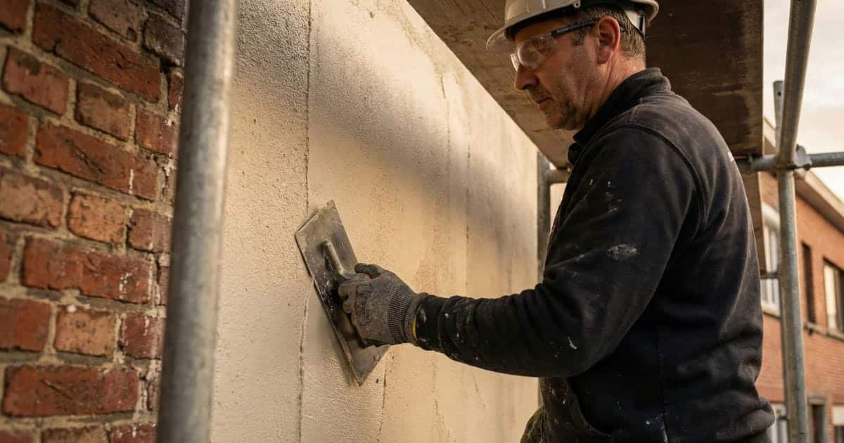 Gevelspecialist plamuurt over een bakstenen muur met de geschikte materialen