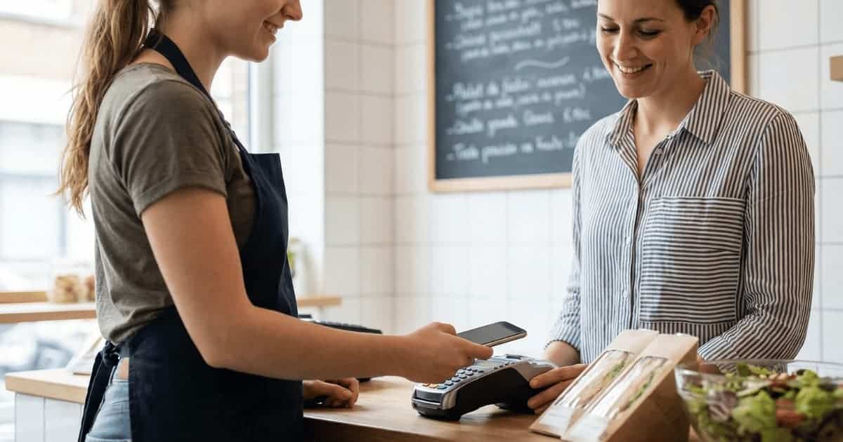 Klant houdt haar smartphone tegen een betaalterminal aan de toonbank van een lunchzaak terwijl de medewerkster in schort glimlachend toekijkt, met verse broodjes en salade op de toonbank.