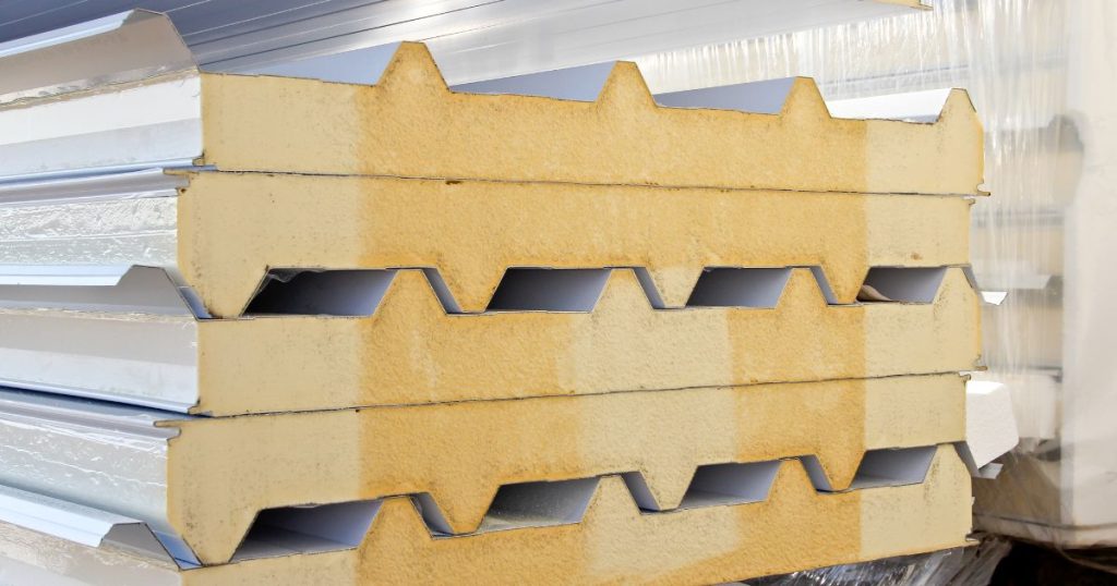 Detail van sandwichpanelen met zichtbare isolatiekern uit PUR of rotswol