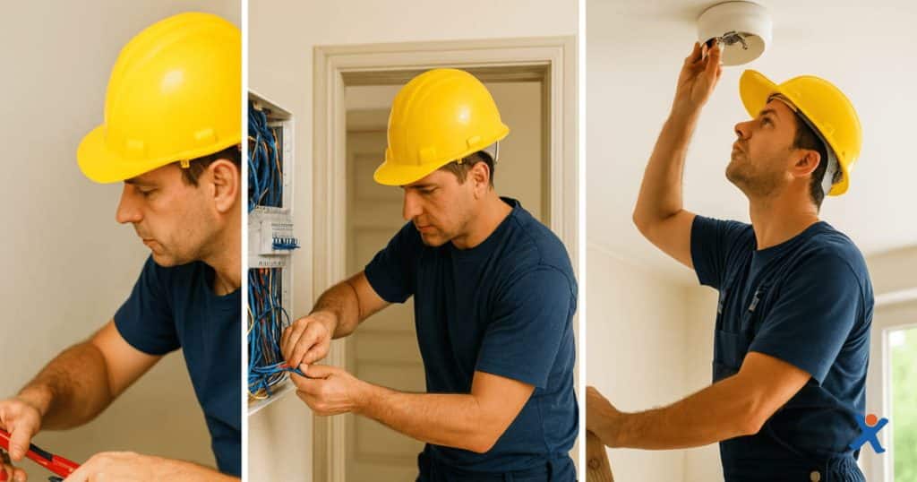 Drie elektriciens met veiligheidshelmen voeren verschillende elektrische werken uit in een woning, waaronder bedrading aansluiten, een zekeringkast controleren en een stopcontact installeren.