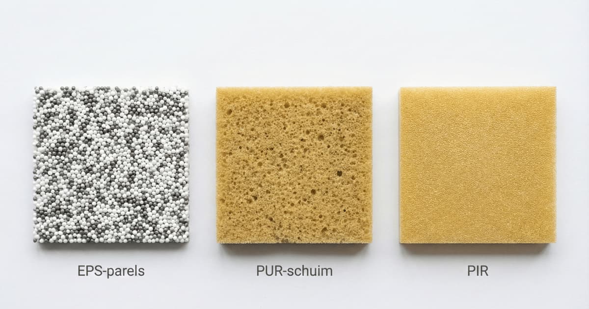 Realistische textuurweergave van drie kunststof isolatiematerialen naast elkaar. Van links naar rechts: EPS-parels, PUR-schuim en PIR.