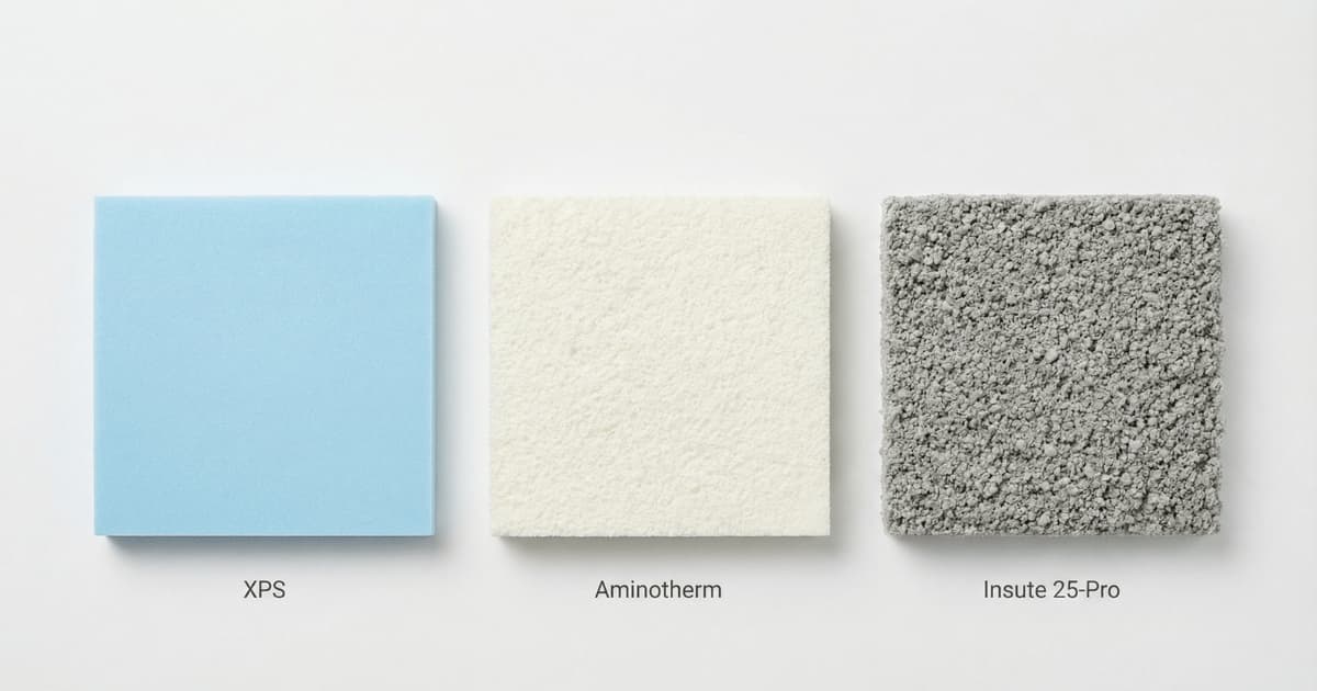 Realistische textuurweergave van drie kunststof isolatiematerialen naast elkaar. Van links naar rechts: XPS, Aminotherm en Insute 25-Pro.