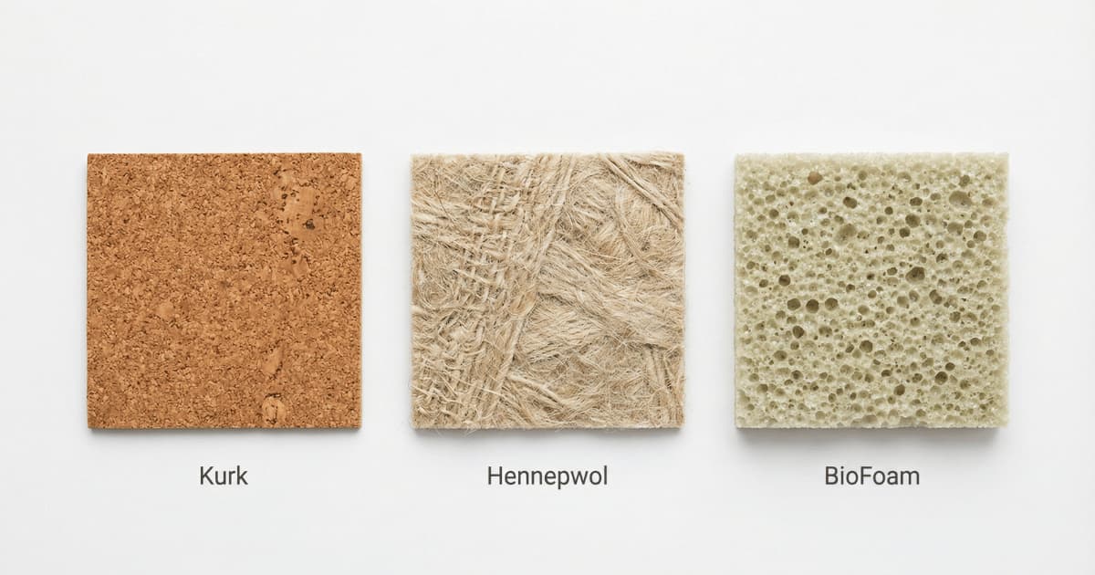 Realistische textuurweergave van drie natuurlijke isolatiematerialen naast elkaar. Van links naar rechts: kurk, hennepwol en BioFoam.