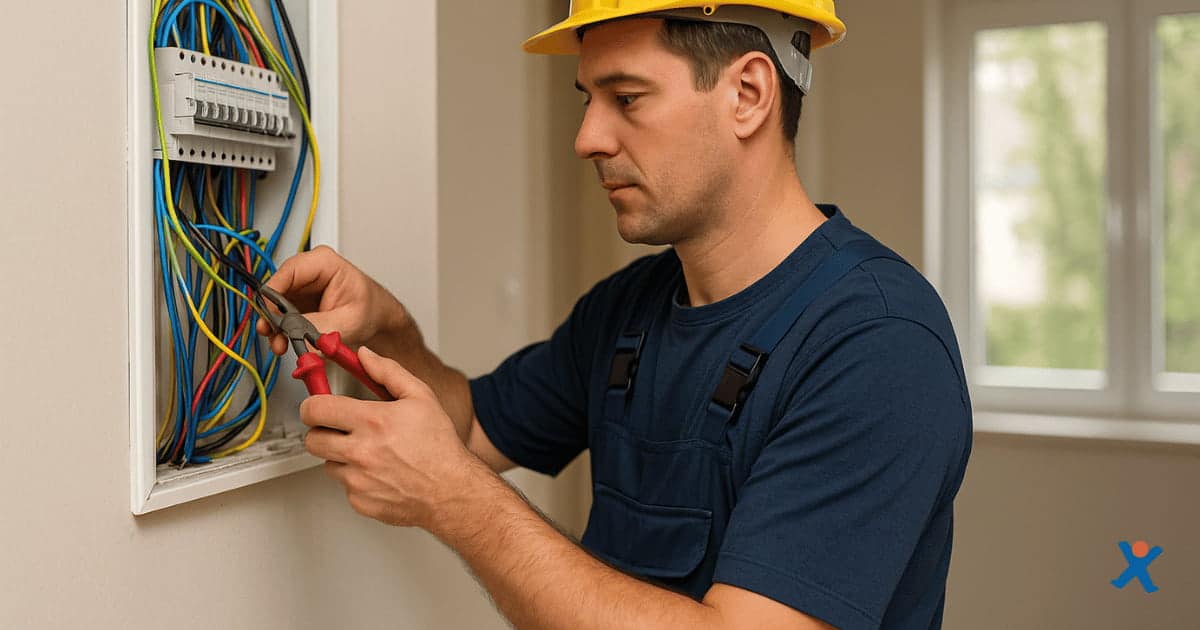 Elektricien met veiligheidshelm die bedrading aansluit in een zekeringkast in een woning, met natuurlijk licht door het raam.