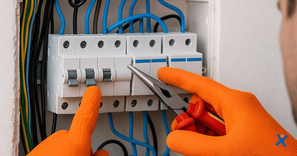 Elektricien in blauwe werkoutfit herstelt een zekeringkast met een rode schroevendraaier tijdens een elektriciteitsherstelling in huis.