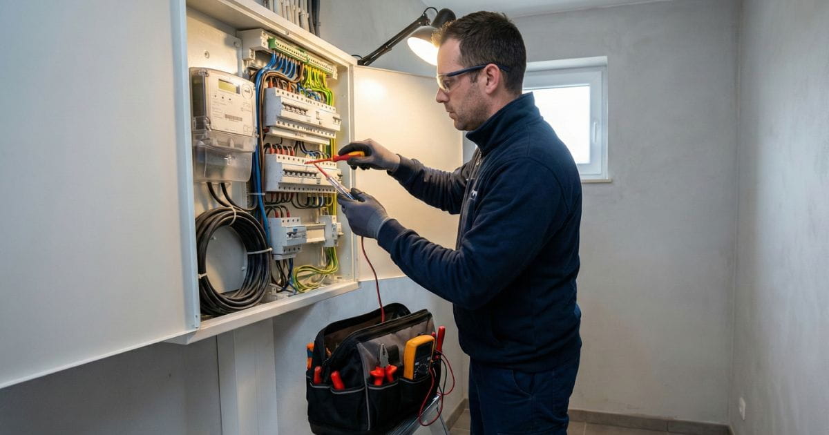 Erkende elektricien is bezig met elektriciteit te verzwaren na een aanvraag bij Fluvius