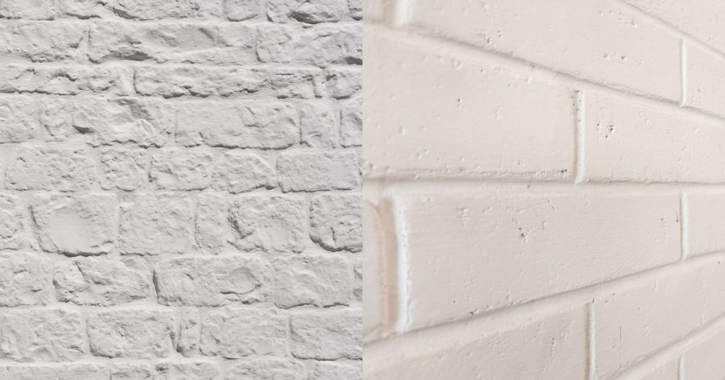 Close-up van een gekaleide gevel naast een geschilderde muur, ter illustratie van het verschil tussen gevel kaleien of schilderen.