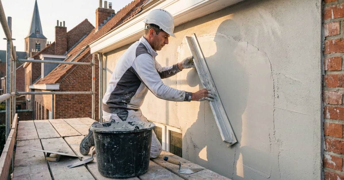 Gevelwerker met witte helm en beschermende kledij egaliseert pleisterwerk van een gevel