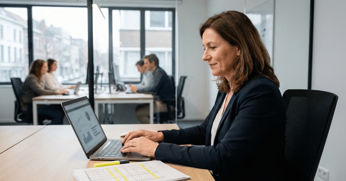 Vrouw in donkerblauw blazer werkt achter een laptop met grafieken op het scherm terwijl collega's op de achtergrond overleggen in een modern kantoor met zicht op een Belgische straat.