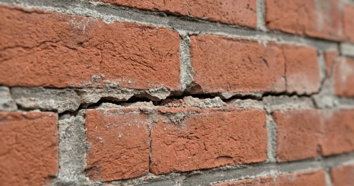 Een horizontale scheur loopt door de voeg van een rode bakstenen muur met zichtbare afbrokkeling van mortel en baksteenranden rond de scheur.