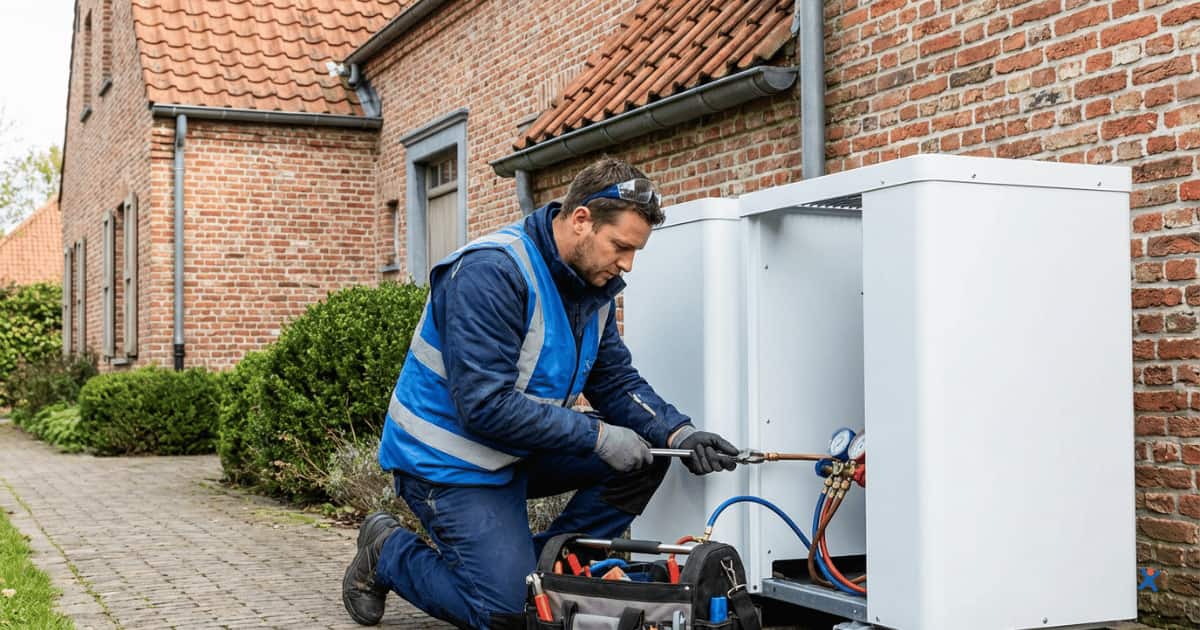 Installateur plaatst en sluit een buitenunit van een warmtepomp aan bij een bakstenen woning.