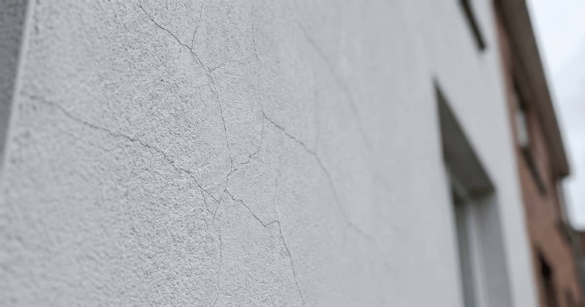 Fijne vertakte krimpscheuren tekenen zich af in het lichtgrijze stucwerk van een woning met op de achtergrond een onscherpe naburige gevel.