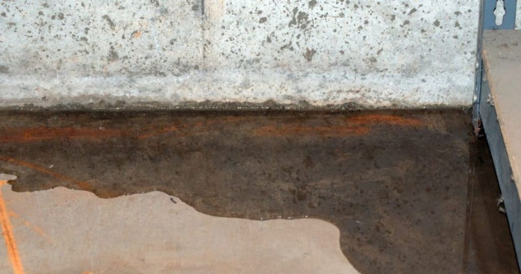 Vochtige keldermuur met donkere schimmel- en vochtplekken langs de vloer