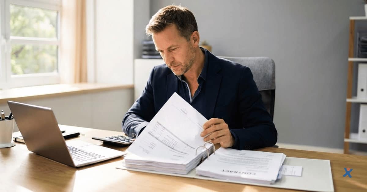 Een man zit aan zijn bureau en bekijkt facturen en administratieve documenten, terwijl een laptop, rekenmachine en ordner op tafel liggen in een rustige werkomgeving.