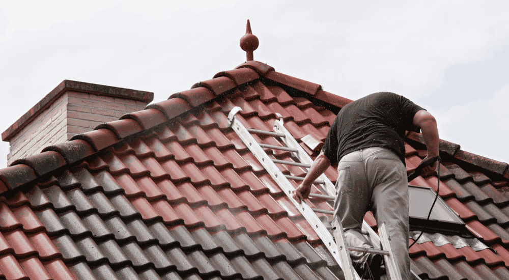 Man verwijdert mos van dak met ladder